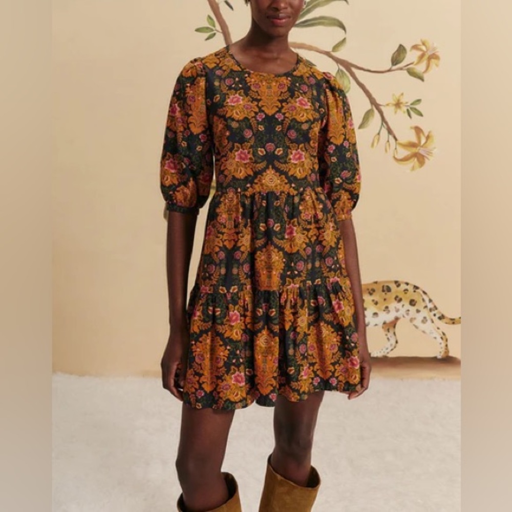 Farm Rio Arabesque Floral Puff Sleeve Mini Dress size M medium NWT Khokhloma